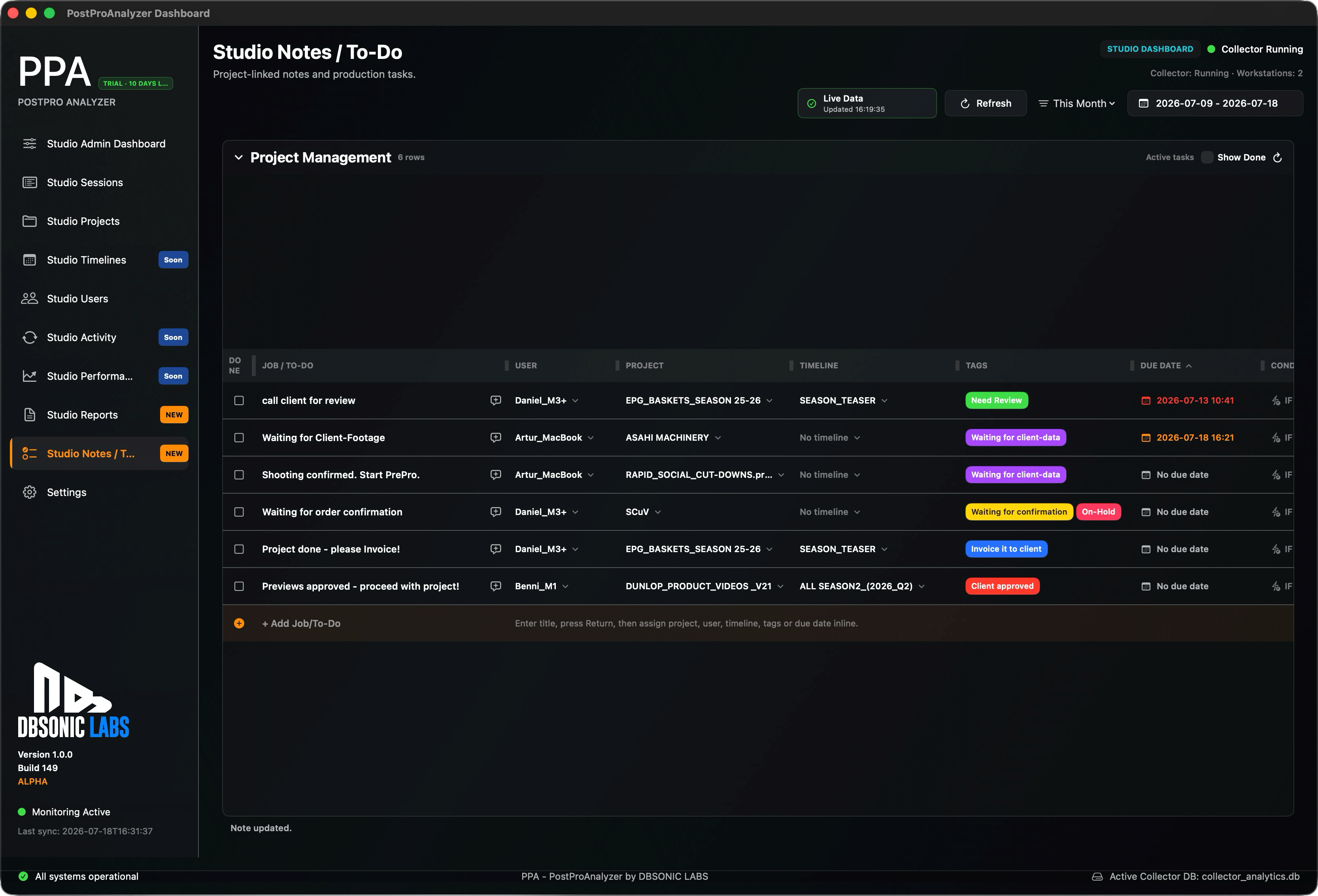 PostPro Analytics Studio Notes and To-Do project management table