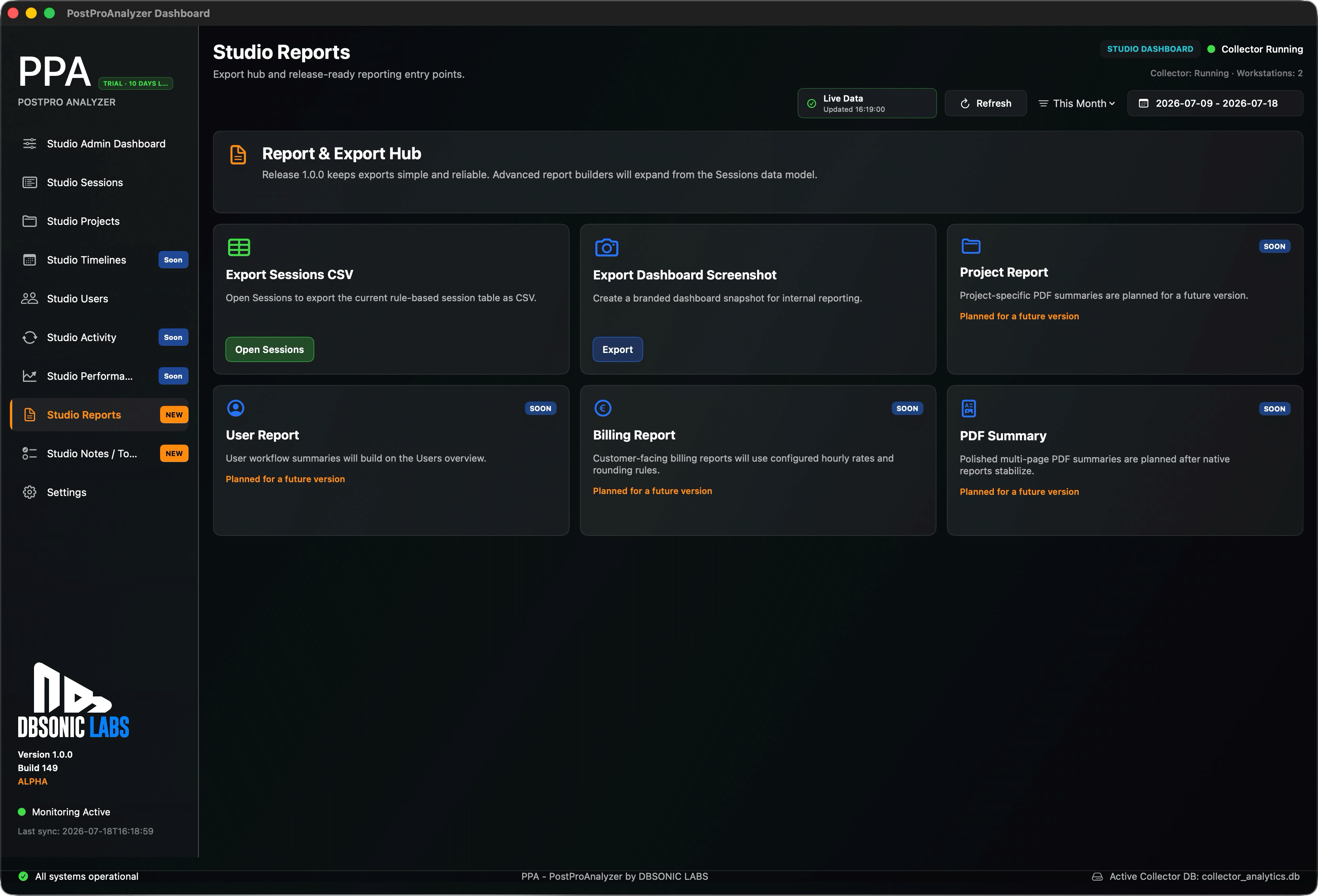 PostPro Analytics Studio Reports export hub