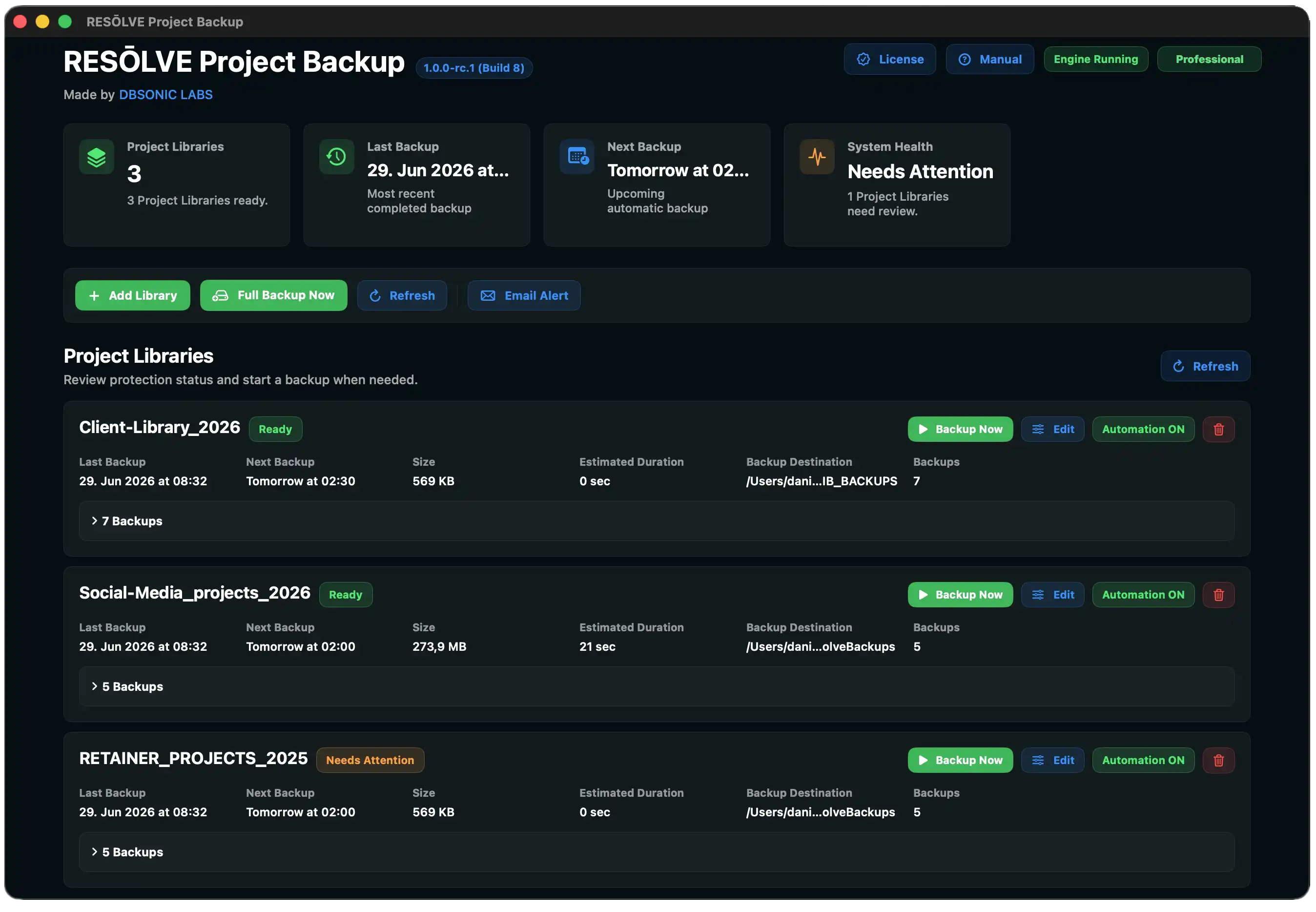 RESŌLVE Project Backup dashboard preview