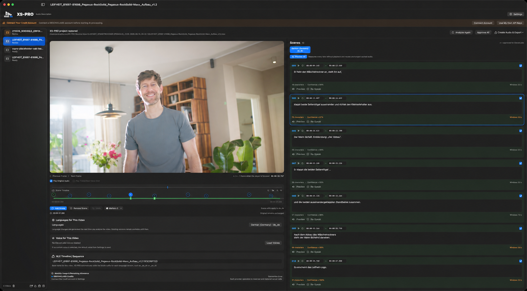 XS-Pro audio description editor with video preview, scene markers, timeline controls, and editable, approved descriptions.